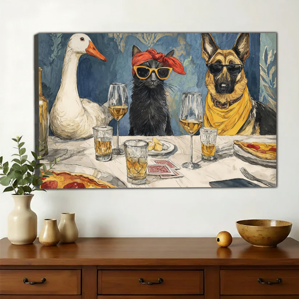 Last Supper Party Animals – Retro Humorous Wall Art on Natural Wood Canvas