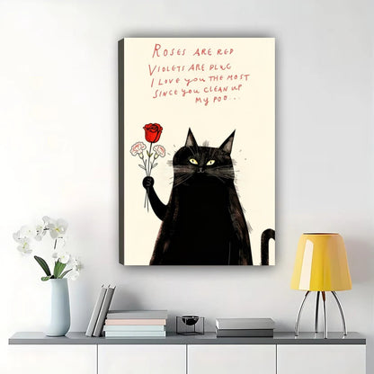 Black Cat with Rose & Romantic Poem – Humorous Valentine’s Wall Art on Natural Wood Canvas