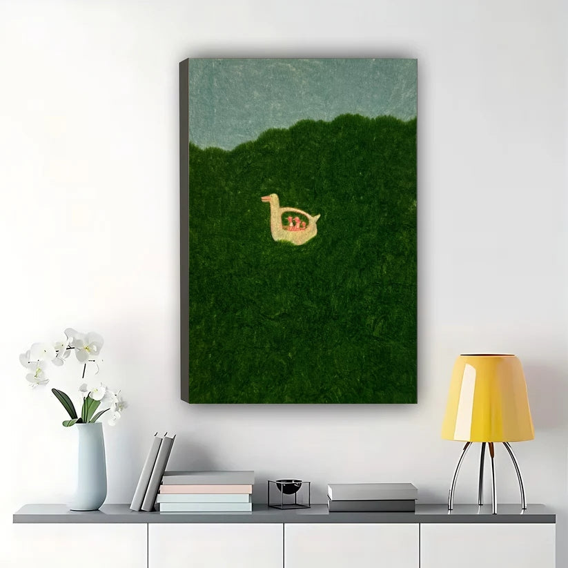 Minimalist Duck in Grass Wall Art – Cute Whimsical Duck Canvas Print on Natural Wood Frame