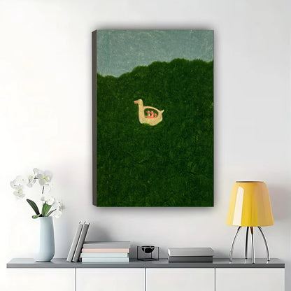 Minimalist Duck in Grass Wall Art – Cute Whimsical Duck Canvas Print on Natural Wood Frame