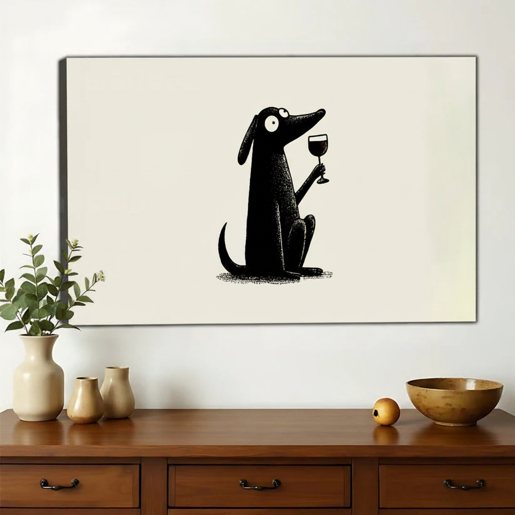 Black Dog with Wine Glass – Minimalist Luxe Wall Art on Natural Wood Canvas