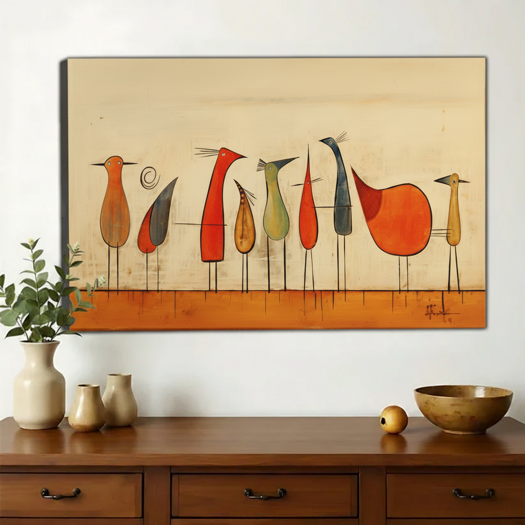 Abstract Birds on a Line Wall Art – Mid-Century Modern Canvas Print on Natural Wood Frame