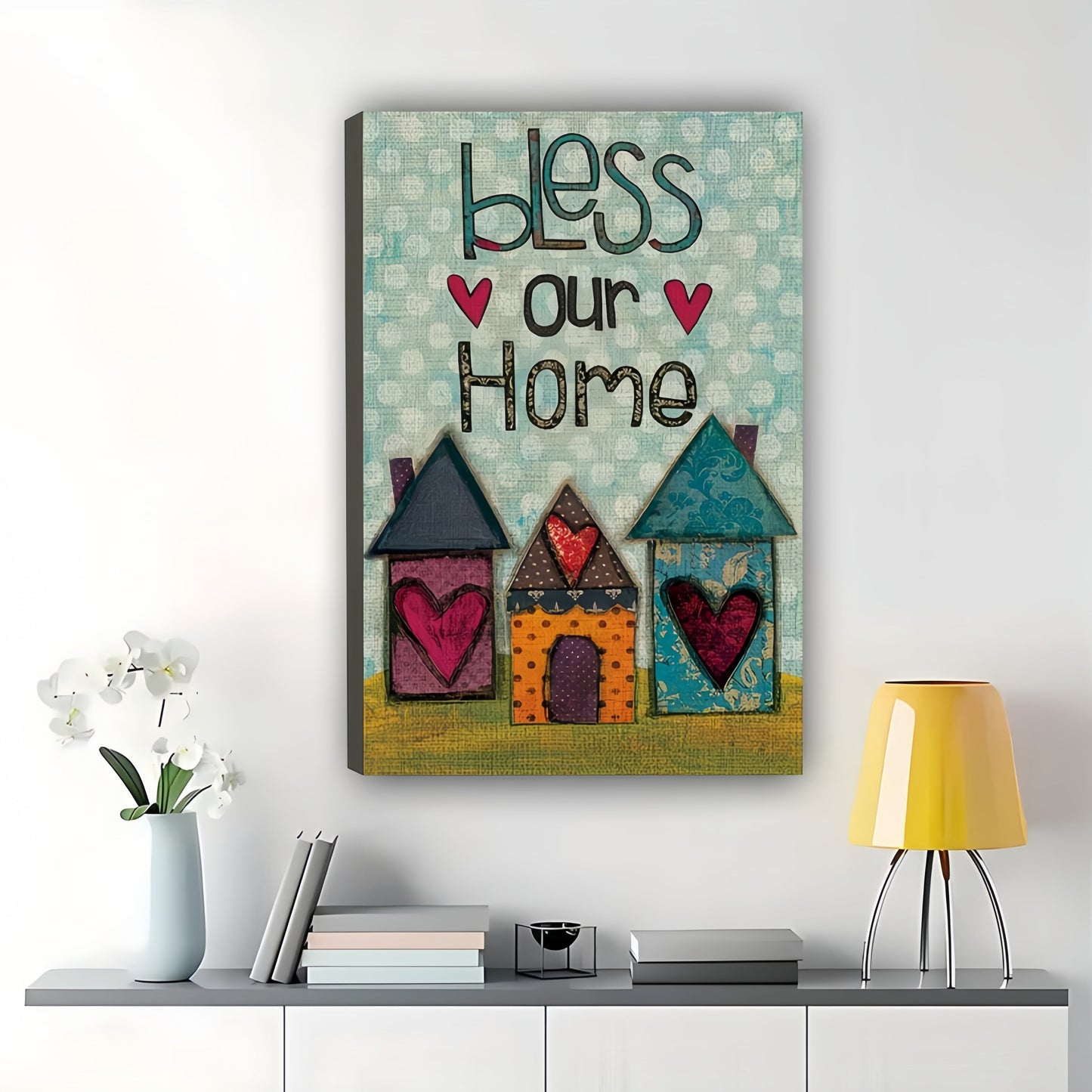 Bless Our Home Cozy House Hearts – Warm Rustic Wall Art on Natural Wood Canvas