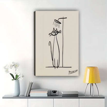 Picasso Cat Showering – Minimalist Bathroom Line Art Wall Art on Natural Wood Canvas