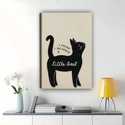 I Think I Deserve a Little Treat Black Cat – Minimalist Humorous Wall Art on Natural Wood Canvas
