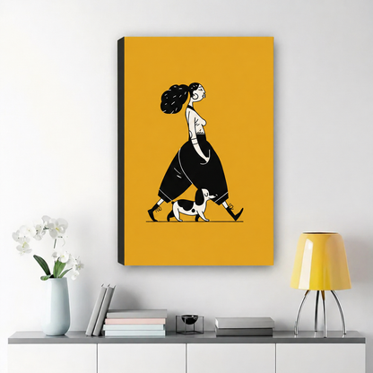 Stylish Woman Walking Her Dog Wall Art – Bold Graphic Illustration Canvas Print on Natural Wood Frame