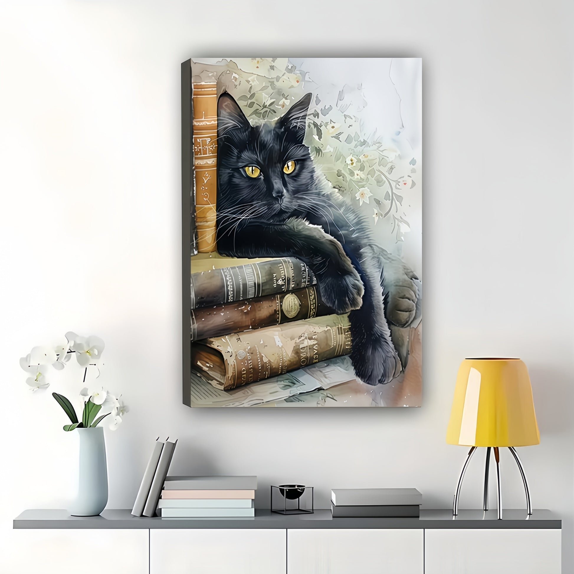 Book Lover Black Cat – Cozy Literary Watercolor Wall Art on Natural Wood Canvas