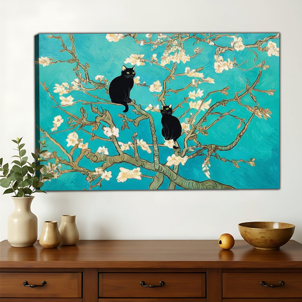 Black Cats on Van Gogh Almond Blossom – Artistic Floral Pet Wall Art on Natural Wood Canvas