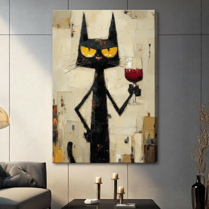 Black Cat Red Wine Impasto Canvas Wall Art
