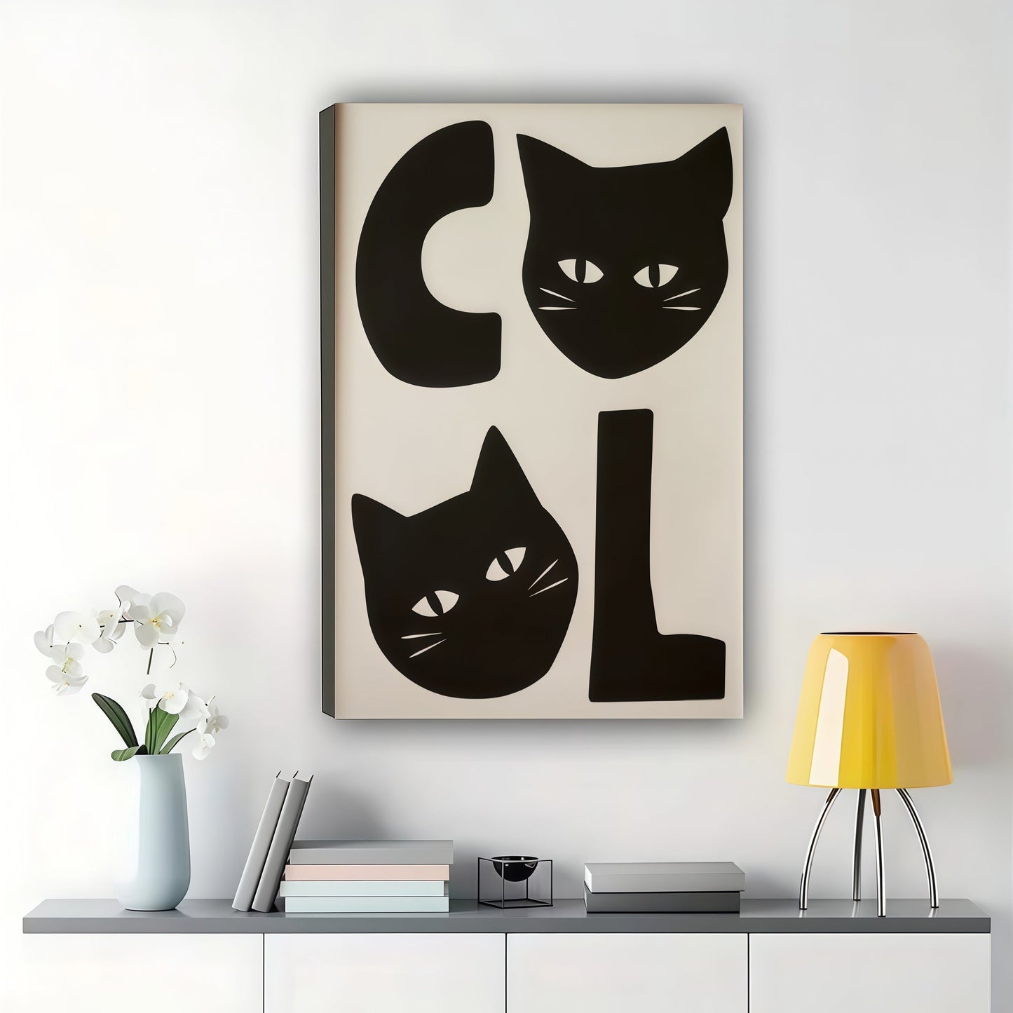 COOL Two Black Cats – Minimalist Mid-Century Wall Art on Natural Wood Canvas