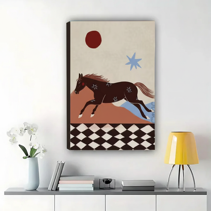 Star-Marked Horse at Full Gallop Wall Art – Bold Folk Art Canvas Print on Natural Wood Frame