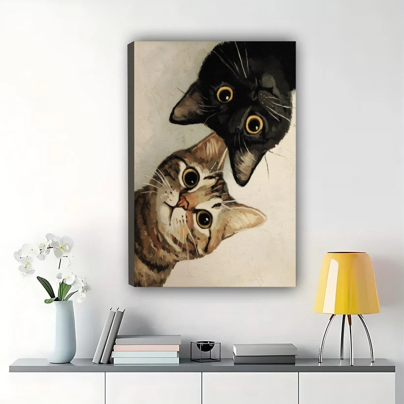 Peeking Tabby & Black Cat – Whimsical Pet Wall Art on Natural Wood Canvas