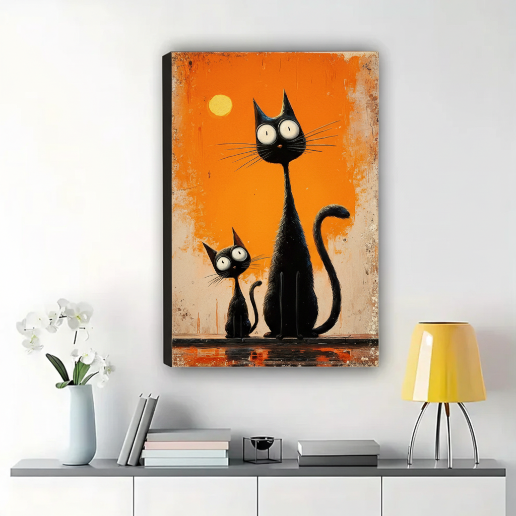 Big & Little Black Cats Under the Moon Wall Art – Whimsical Halloween Canvas Print on Natural Wood Frame