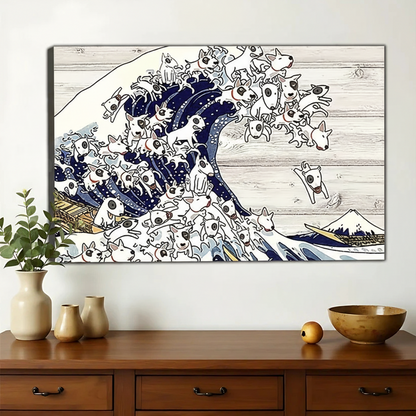 The Great Wave Dog – Ukiyo-e Inspired Artistic Wall Art on Natural Wood Canvas