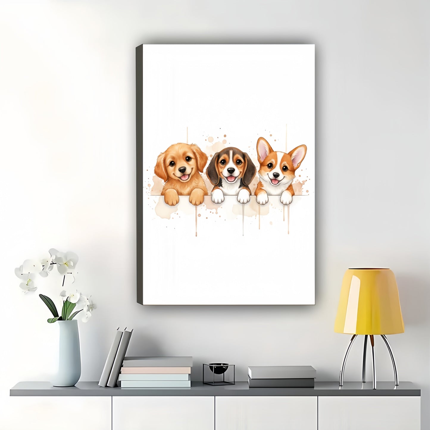 The Watercolor Corgi Trio – Cute Fresh Wall Art on Natural Wood Canvas