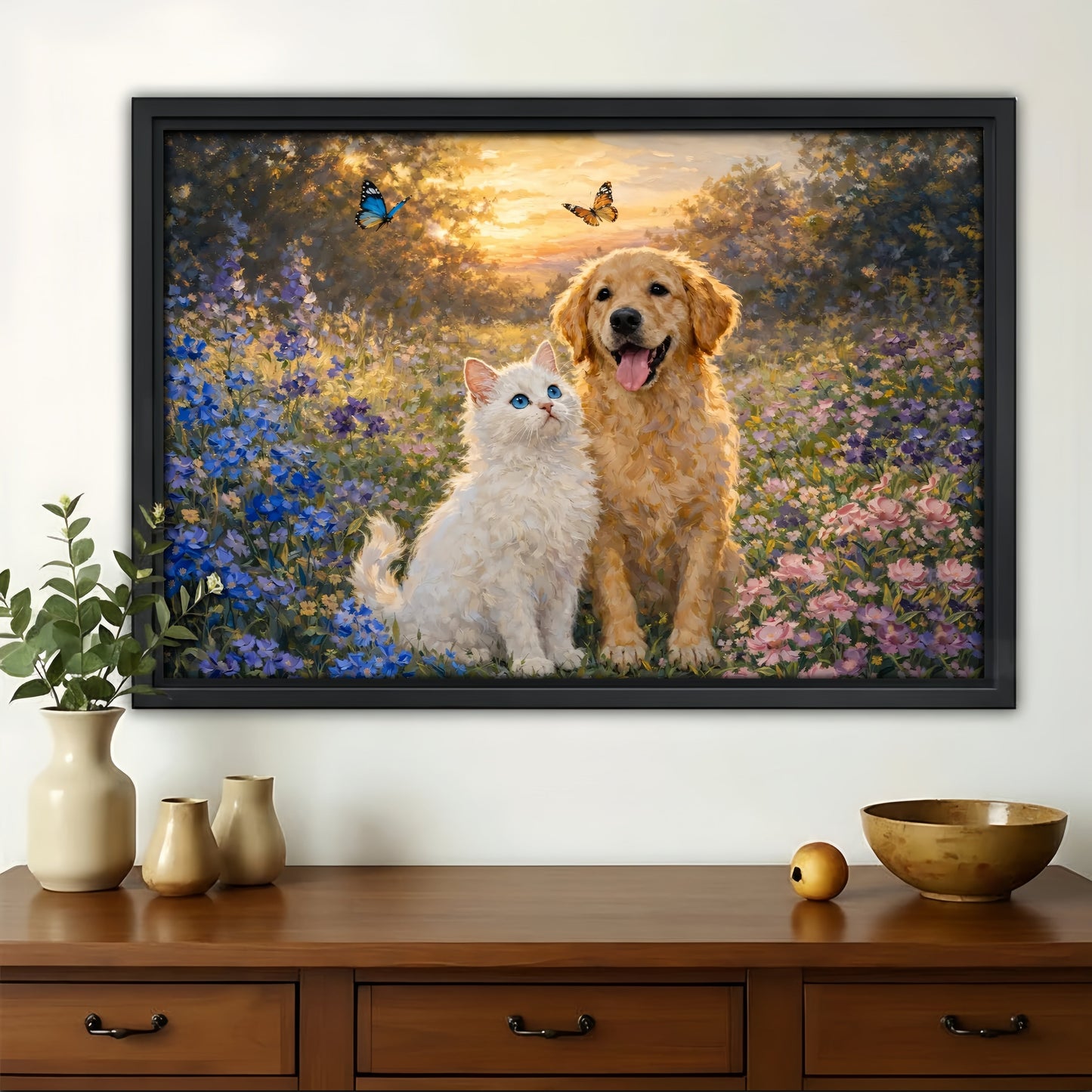 Golden Retriever and White Cat in Flower Garden - Impressionist Canvas Art