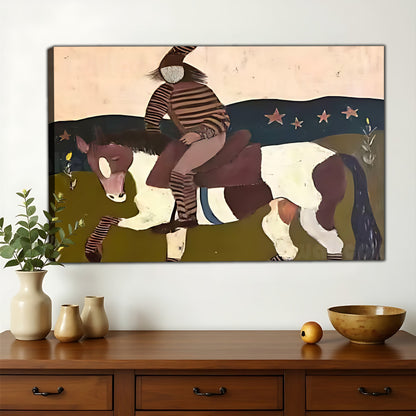 The Bohemian Horse Rider – Abstract Folk Wall Art on Natural Wood Canvas