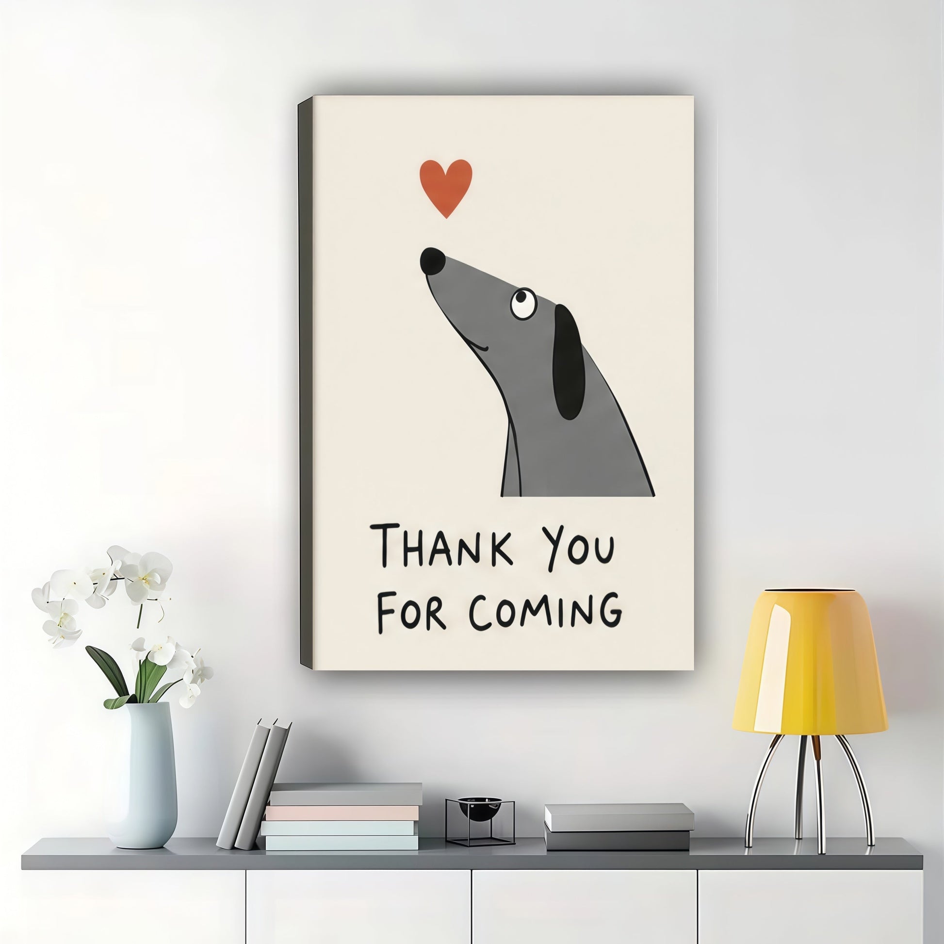 Sausage Dog "Thank You For Coming" Wall Art – Cute Guest Bathroom Canvas Print on Black Wood Frame