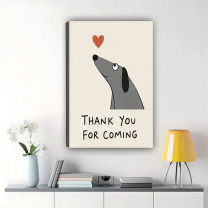 Sausage Dog "Thank You For Coming" Wall Art – Cute Guest Bathroom Canvas Print on Black Wood Frame