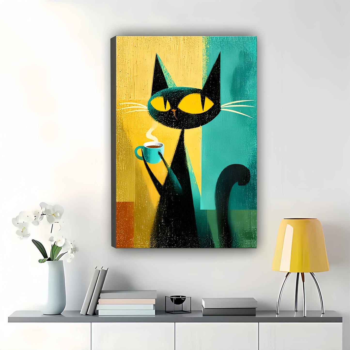 Retro Color-Block Black Cat with Coffee Cup Illustration – Cozy Vintage Wall Art on Natural Wood Canvas