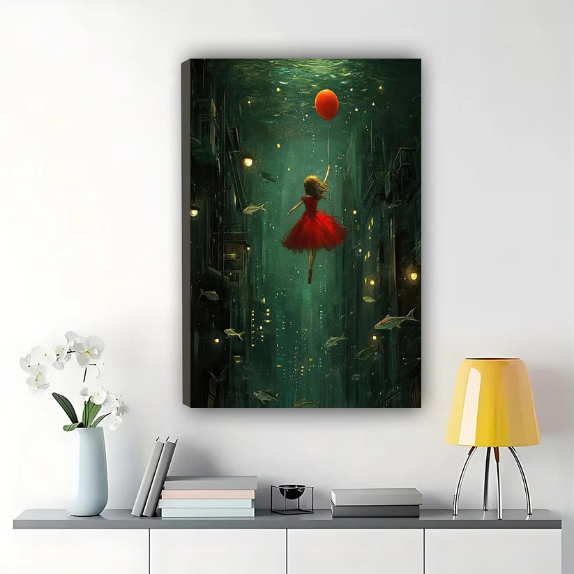 Girl with Red Balloon Underwater Wall Art – Surreal Green Cityscape Canvas Print on Natural Wood Frame