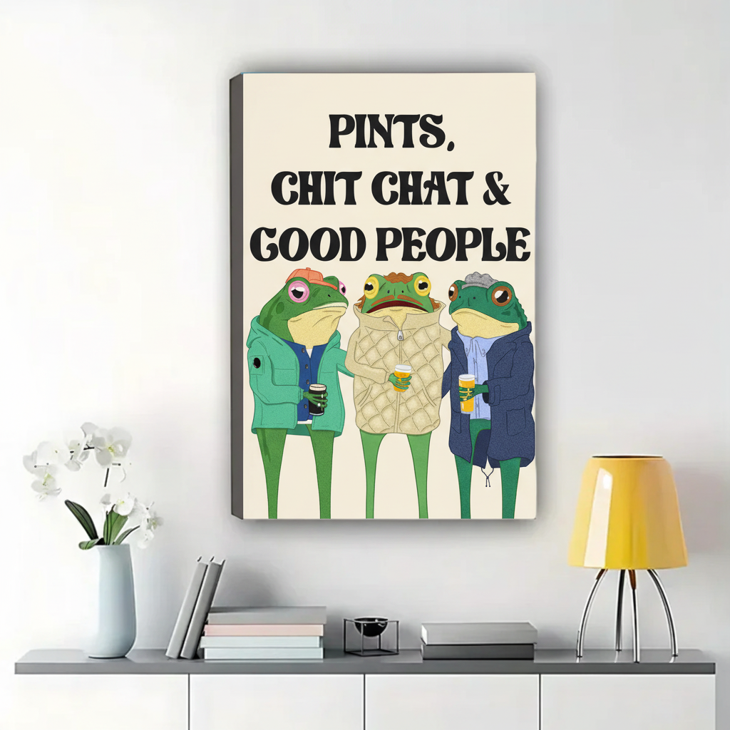 Pints, Chit Chat & Good People Frogs Wall Art – Funny Quote Canvas Print on Natural Wood Frame