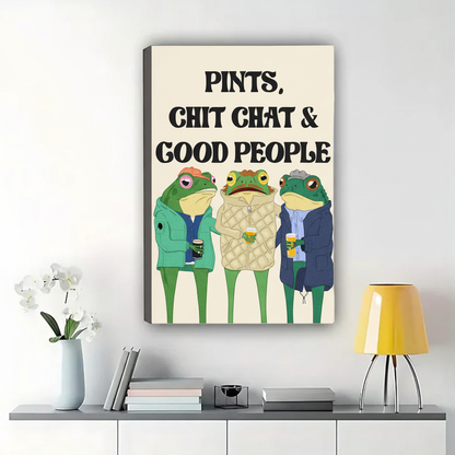 Pints, Chit Chat & Good People Frogs Wall Art – Funny Quote Canvas Print on Natural Wood Frame