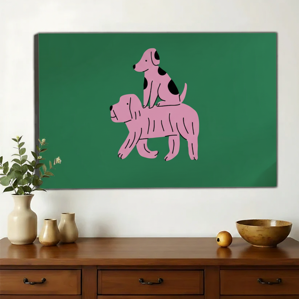 Pink Stacked Dogs – Whimsical Minimalist Dog Wall Art on Natural Wood Canvas