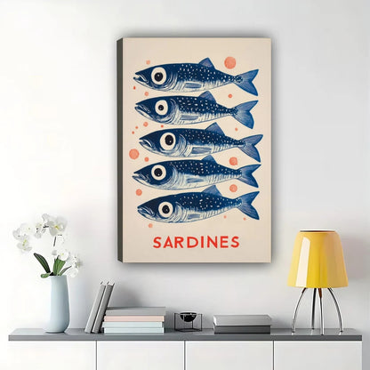 SARDINES Stacked Fish – Retro Minimalist Wall Art on Natural Wood Canvas