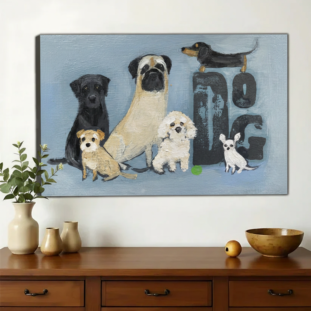 Multi-Breed Dogs Group Wall Art – Heartwarming Dog Family Canvas Print on Natural Wood Frame