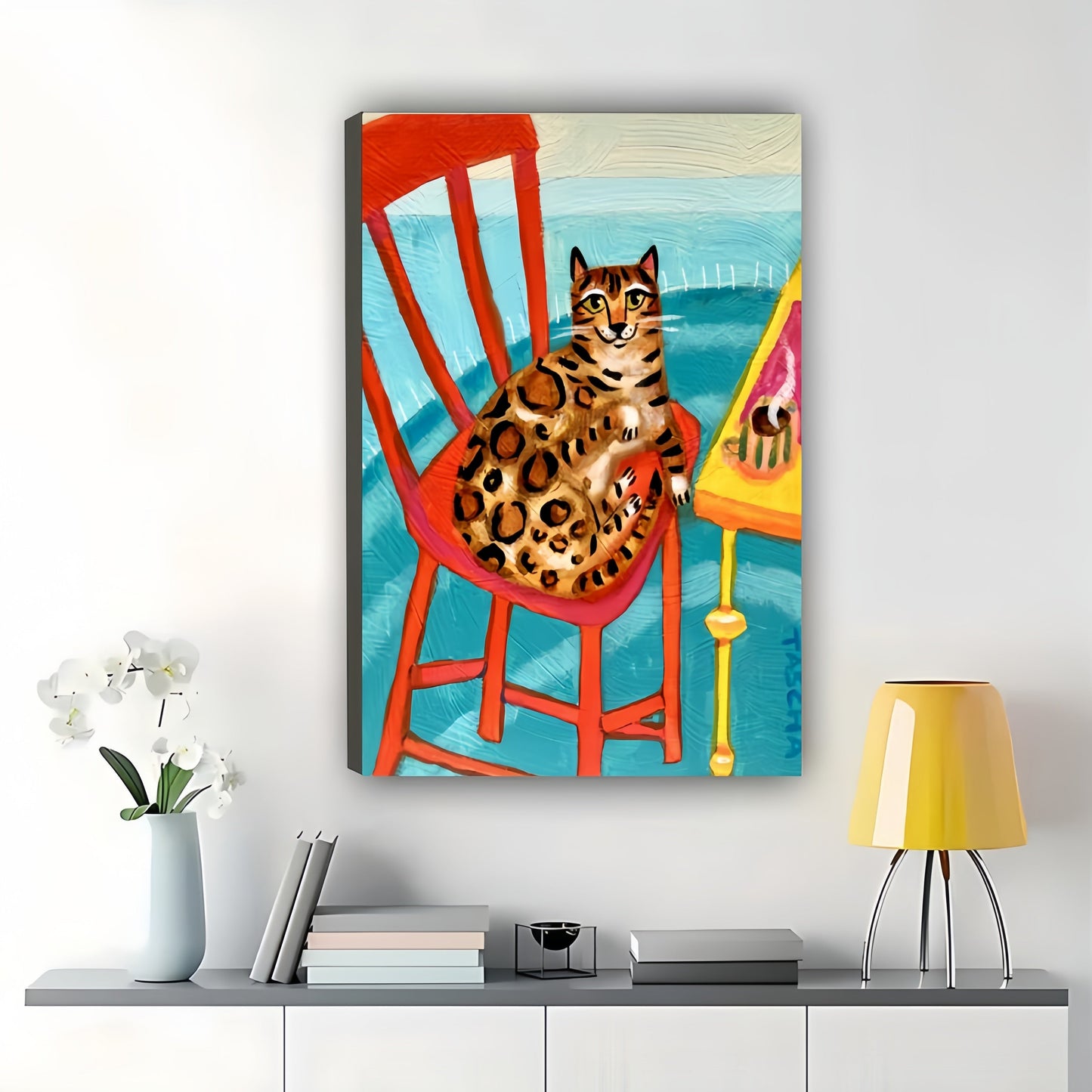 Bengal Cat on Red Chair by the Sea – Whimsical Coastal Wall Art on Natural Wood Canvas