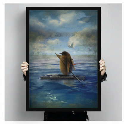 Penguin on Raft Surreal Ocean Canvas Wall Art