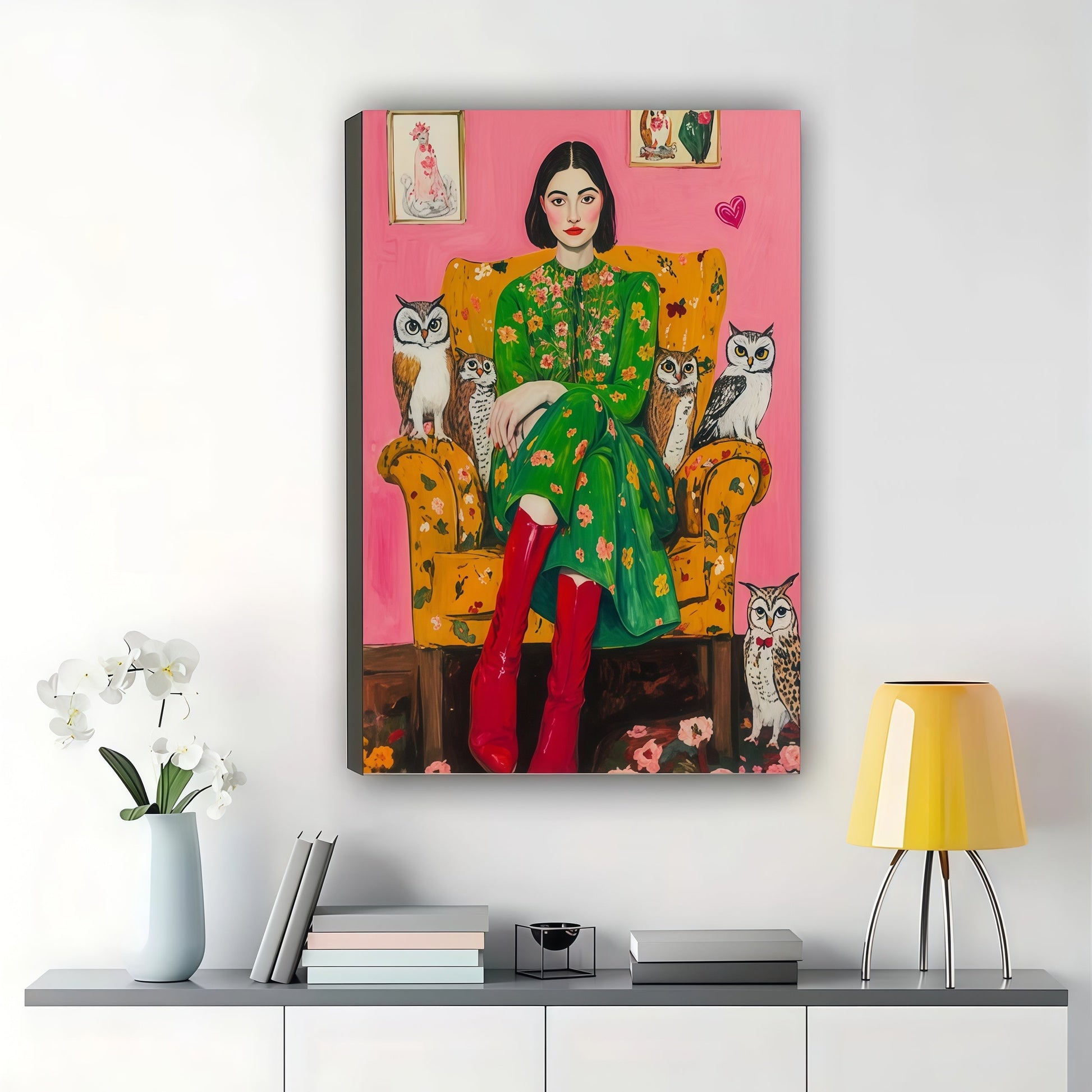 The Bohemian Cat Lady – Vibrant Retro Wall Art on Natural Wood Canvas