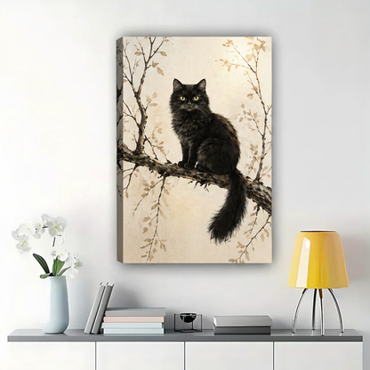 Fluffy Black Cat on Branch Wall Art – Warm Japanese Ink Painting Canvas Print on Natural Wood Frame
