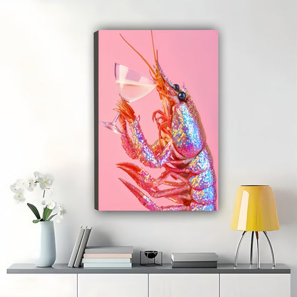 The Pink-Background Lobster Toast – Quirky Retro Wall Art on Natural Wood Canvas