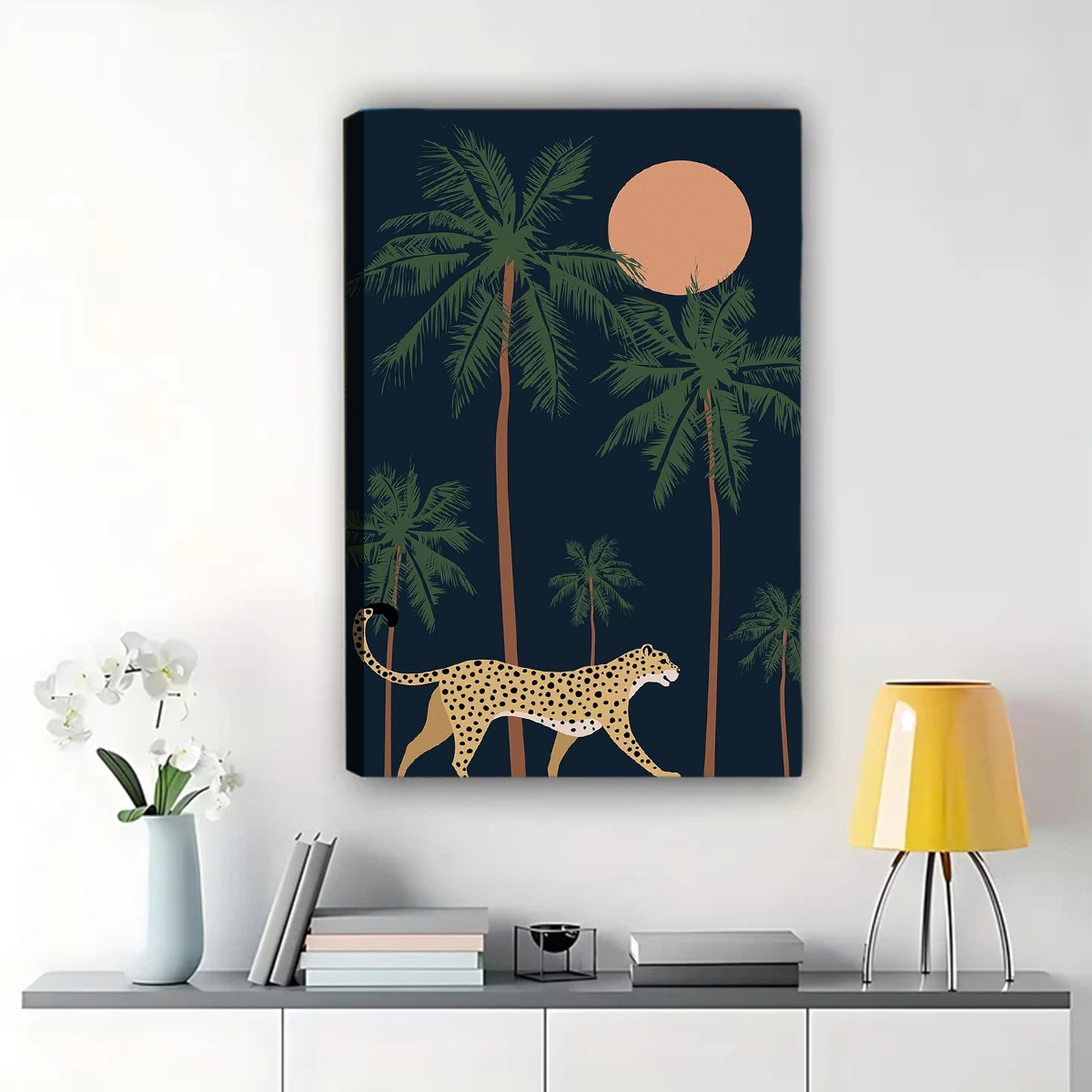 Cheetah in Palm Trees Wall Art - Tropical Sunset Print