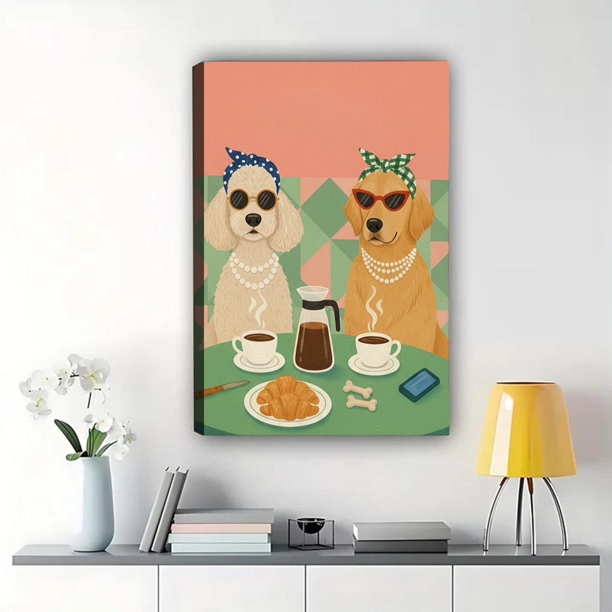 Glamorous Dogs Coffee Date Wall Art - Retro Pet Portrait Print