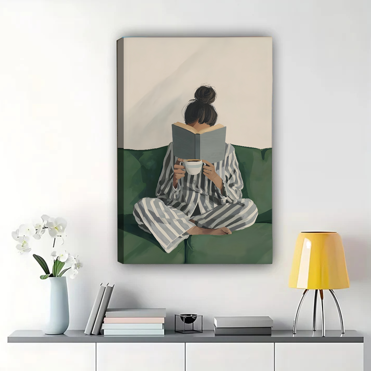 Woman Reading with Coffee Wall Art - Cozy Morning Canvas Print