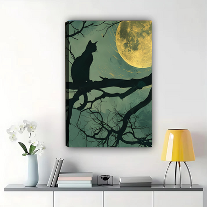 Cat Silhouette Under Full Moon Canvas Wall Art - Moonlight Print