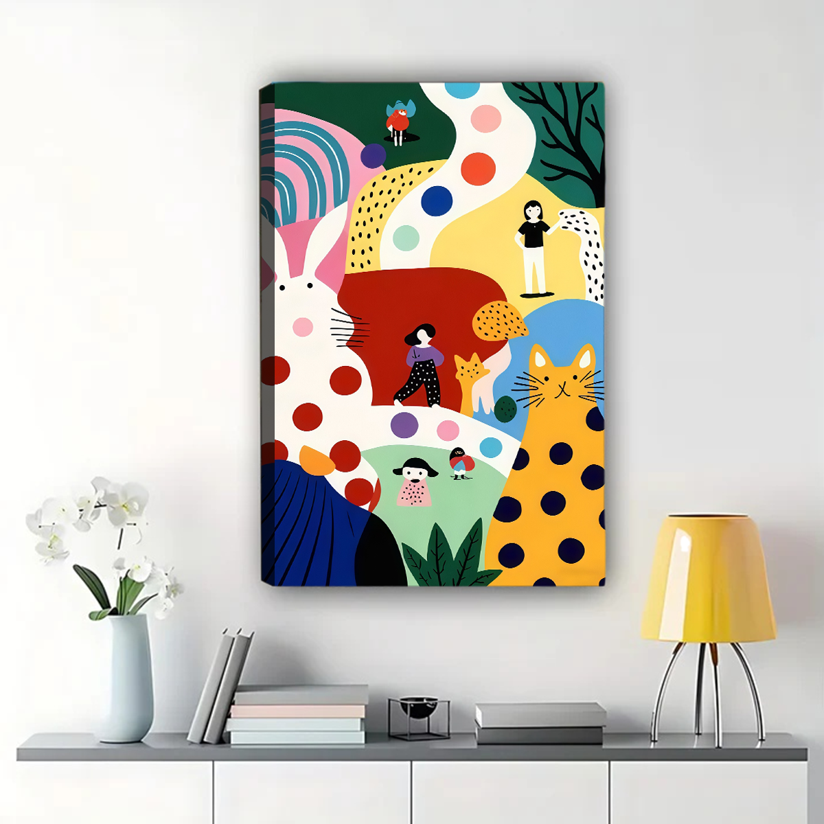Whimsical Cat & Rabbit Abstract Art Print - Colorful Modern Wall Decor Canvas Wall Art