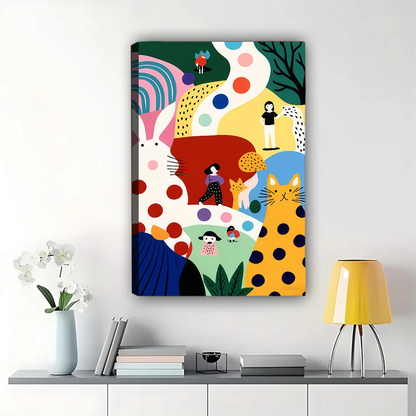 Whimsical Cat & Rabbit Abstract Art Print - Colorful Modern Wall Decor Canvas Wall Art