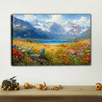 Mountain Wildflower Meadow Framed Canvas - Alpine Lake Art