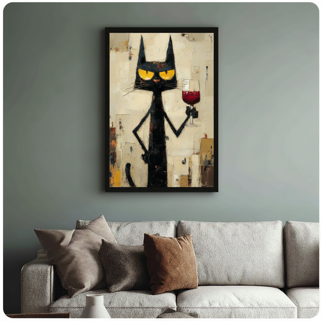 Black Cat Red Wine Impasto Canvas Wall Art