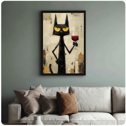 Black Cat Red Wine Impasto Canvas Wall Art