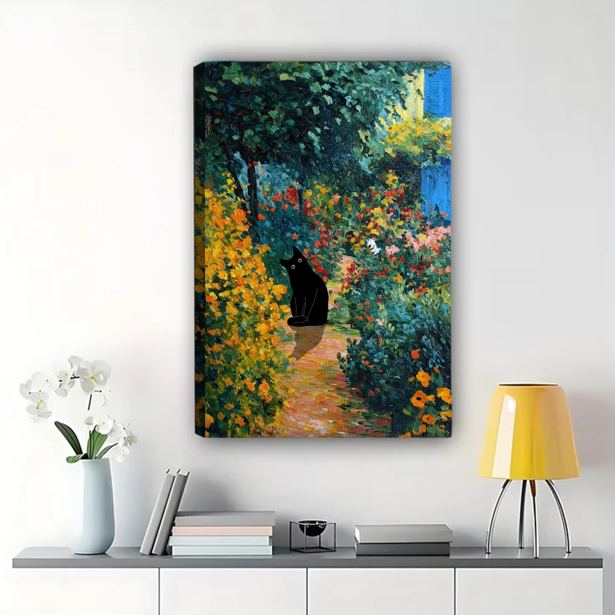 Black Cat in Garden Wall Art - Impressionist Floral Landscape Print