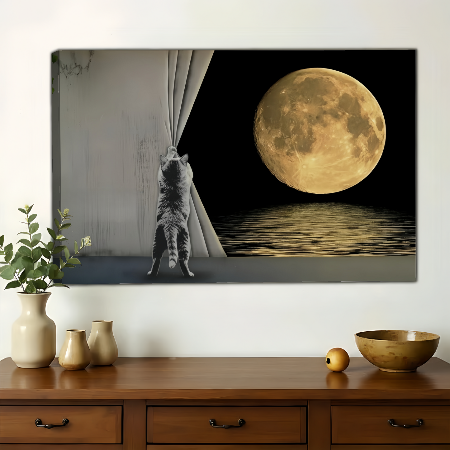 Cat Pulling Curtain to Reveal Full Moon Wall Art - Surreal Canvas Print