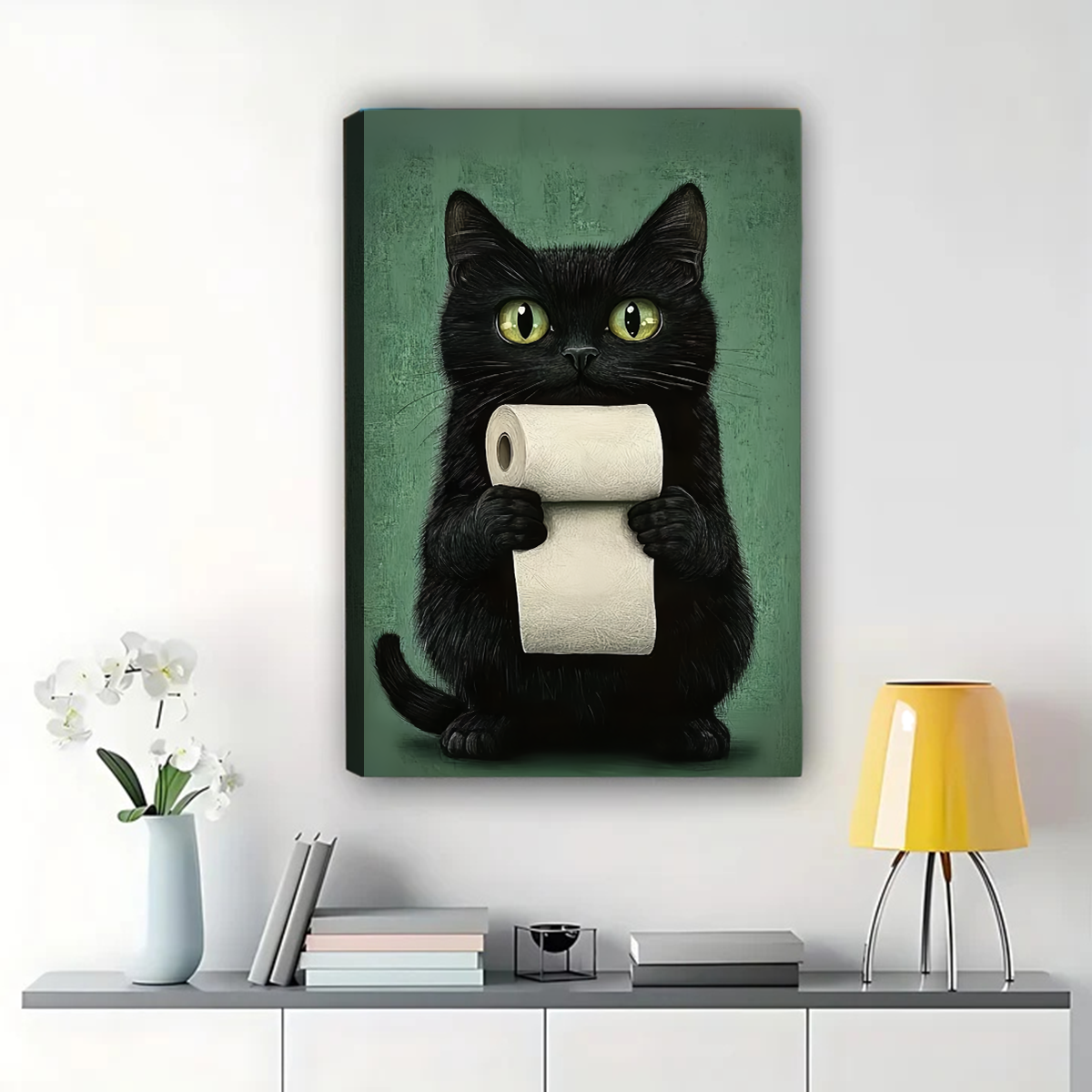 Black Cat with Toilet Paper Art Print | Funny Bathroom Wall Decor Canvas Wall Art