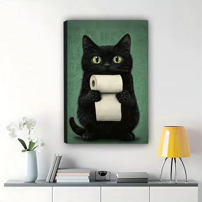 Black Cat with Toilet Paper Art Print | Funny Bathroom Wall Decor Canvas Wall Art