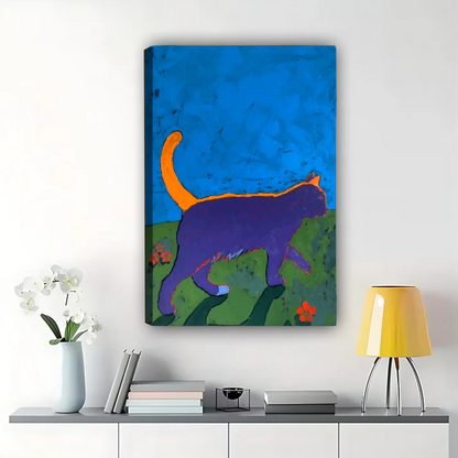 Purple Cat in Garden Wall Art - Bold Colorful Abstract Print