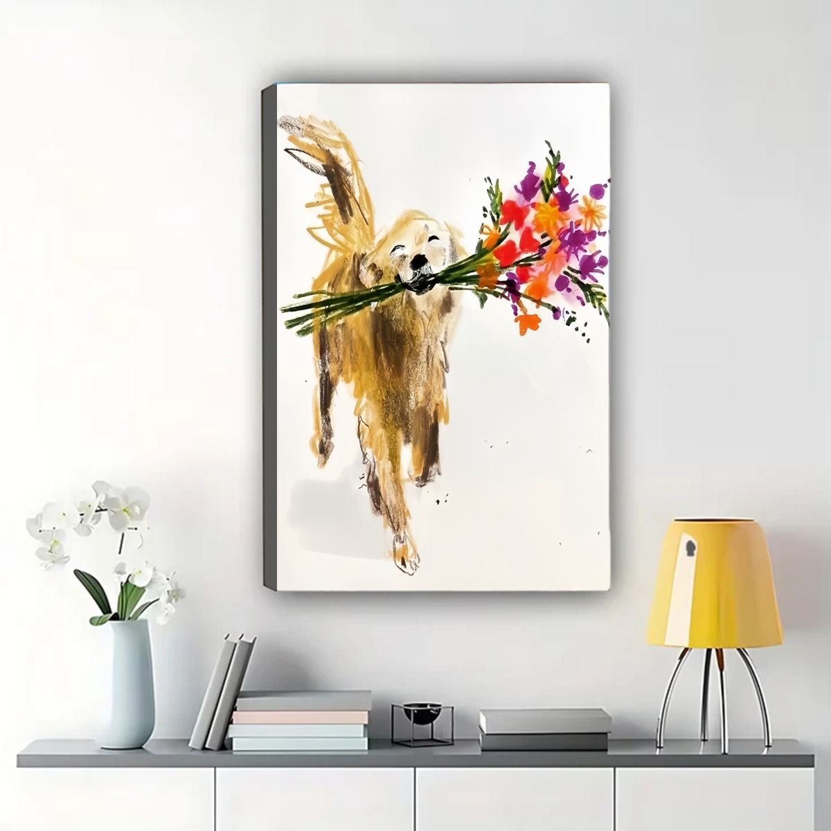 Golden Retriever with Flowers Wall Art - Hand-Painted Print
